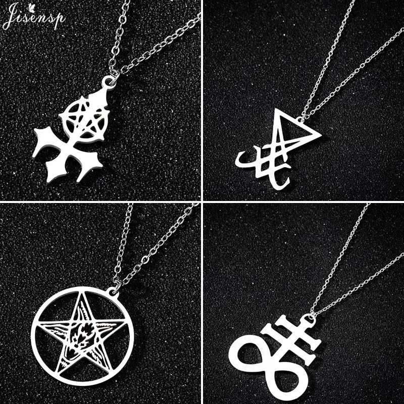 

Jisensp 2020 Pentagram Satan Fork Stainless Steel Chain Necklace Gothic Satan Cross Emblem Charm Necklace for Women Men Gift