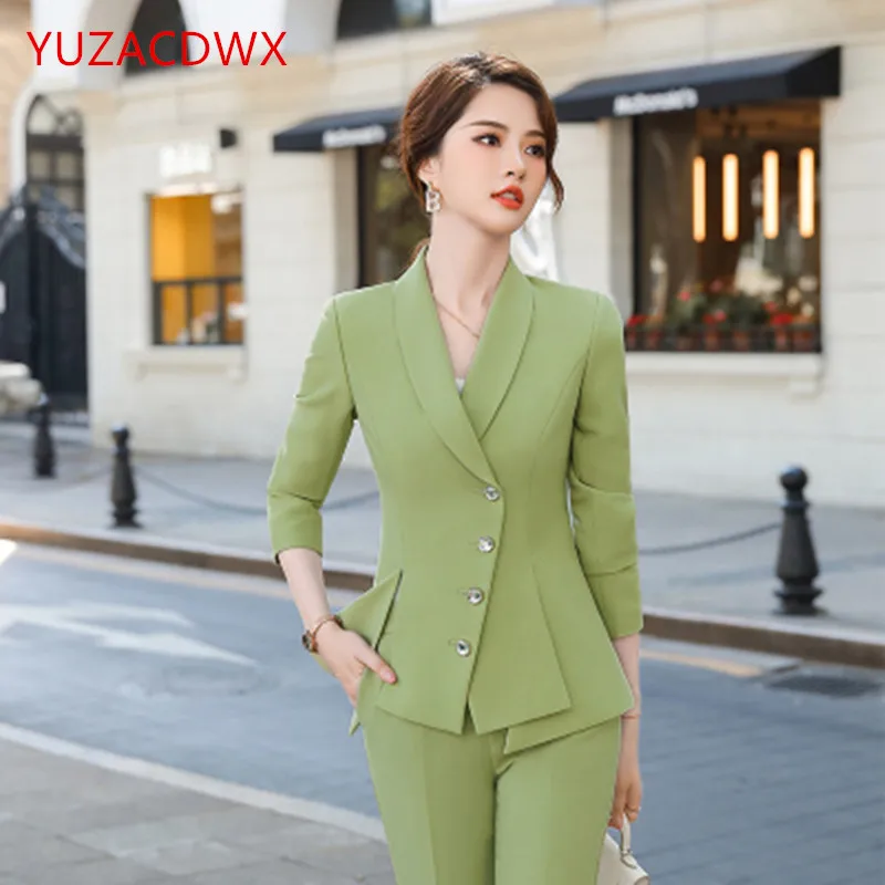 Fashion Green Women's Blazer Suit Single-breasted Slim-fit Jacket And Pencil Pants Suit Ladies Work Suit Female 2-piece Suit