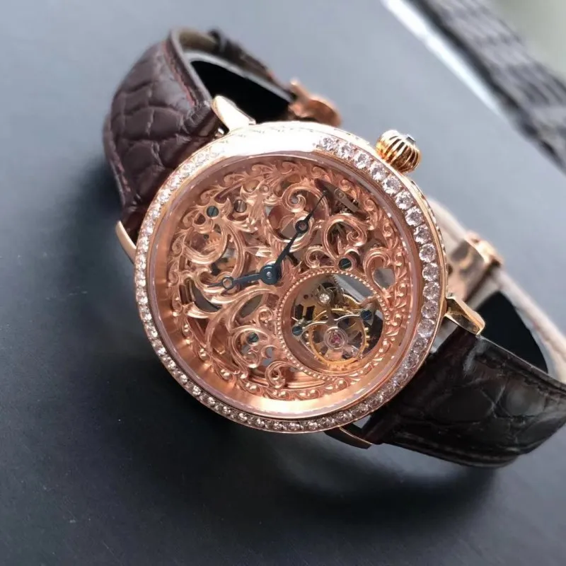Rose Gold Топ Роскошный Полный Кристалл Алмаз ST8000 Tourbillon часы для женщин Скелет сапфировый циферблат Крокодиловая Кожа Мужские механические часы - Цвет: Rose Gold