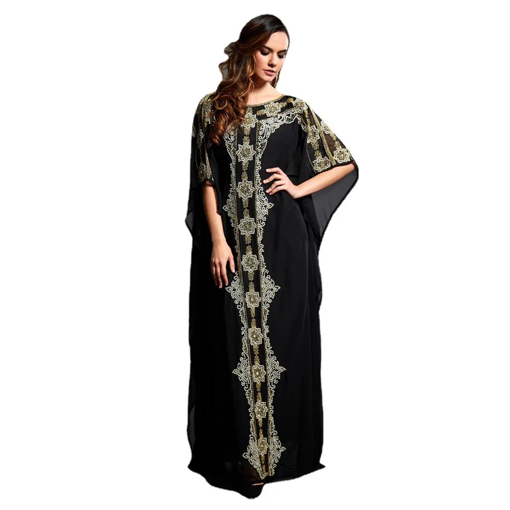 

ZITY 2021 New Round Neck Pullover Loose Waist Long Skirt Middle Eastern Muslim Robe Seaside Holiday Casual Printed Chiffon Dress