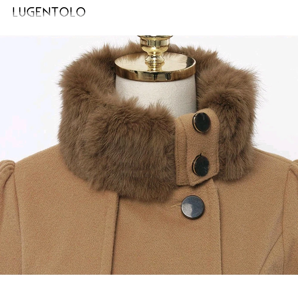 

Lugentolo Long Coat Women Plus Size Winter Warm Slim Flocking Turn-down Collar Double Breasted Sashes Long Sleeve Fashion Coats
