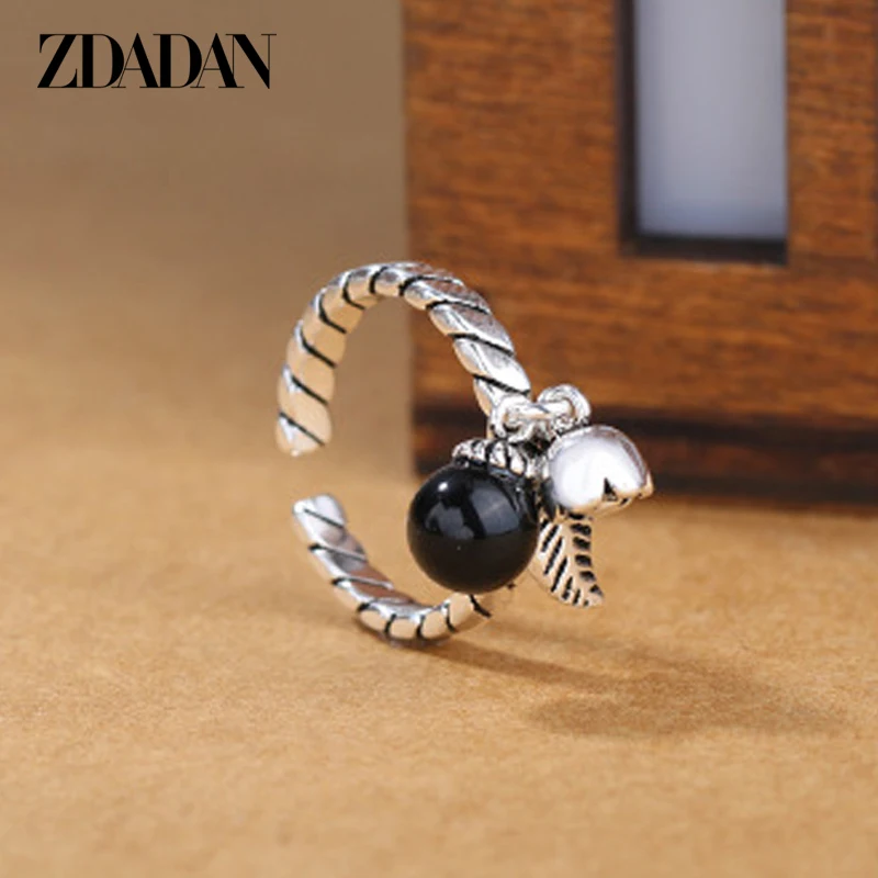 

ZDADAN 925 Sterling Silver Black Agate Thai Silver Ring For Women Geometric Open Adjustable Exquisite Wedding Jewelry