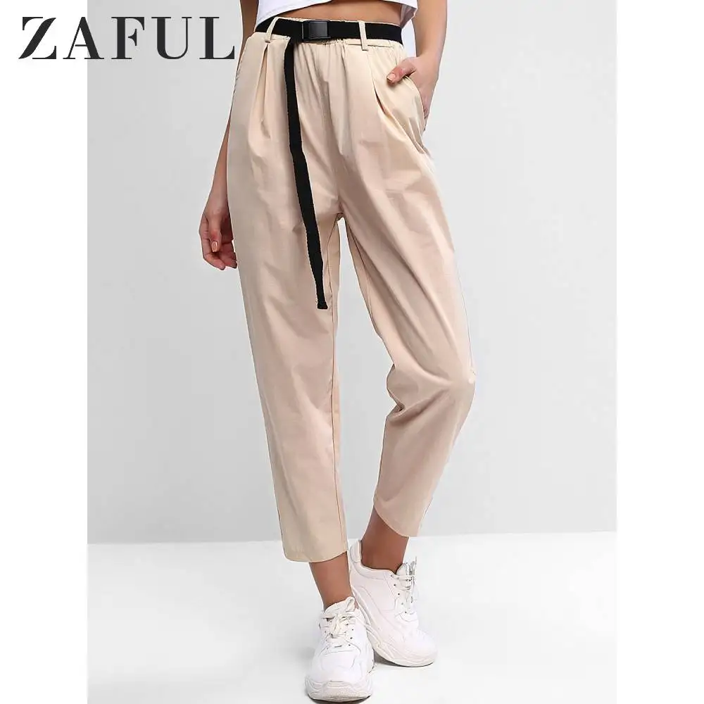 ZAFUL карман высокая талия с поясом брюки свободные украшение нажимная пряжка
