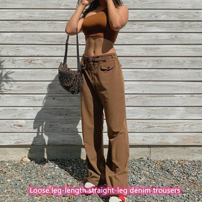 

Новинка, женские джинсы, Коричневые джинсы в американском стиле, базовые свободные прямые повседневные брюки, женские джинсы, женские брюки