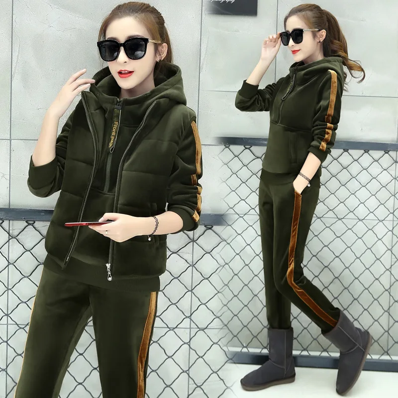 Three-piece Tracksuit Women Warm suede Thicken Autumn/winter Hoodie Harem Pants Blazer Plus Size Windproof Tennis Apparel Warm