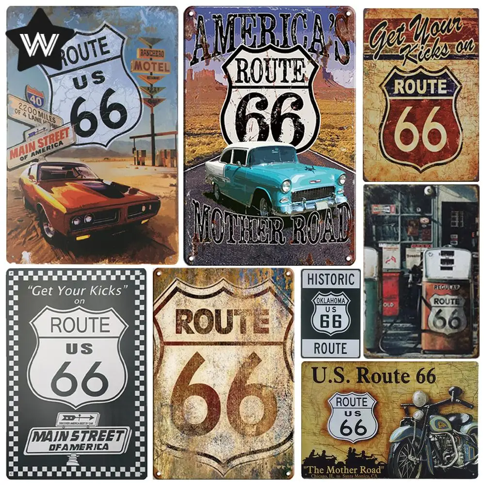 

Route 66 Vintage Metal Sign Shabby Wall Stickers Retro Style Metal Poster Tin Plate Sign Metal Plaque Man Cave Club Decoration