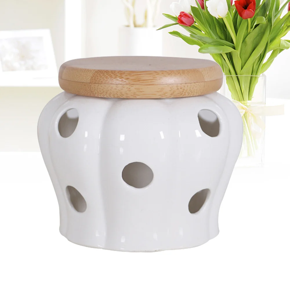 Round Ceramics Jars Storage Container with Bamboo Lids for Sealing Garlic Ginger |