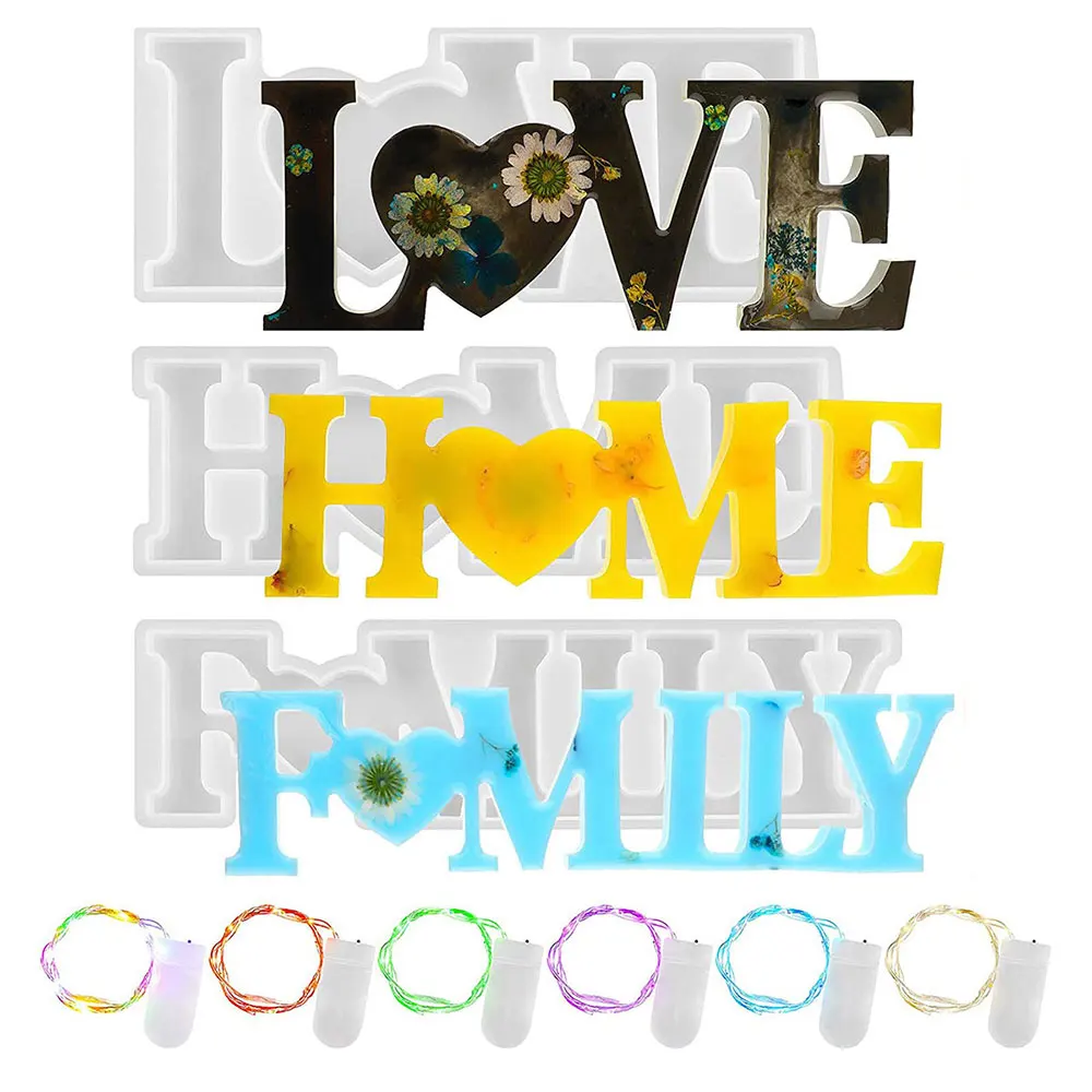 

Mold Decor Love Family Home Silicon Mold Decor with Fairy Lights Making Expoy Resin Molds DIY Craft Clay Mould Home Decor