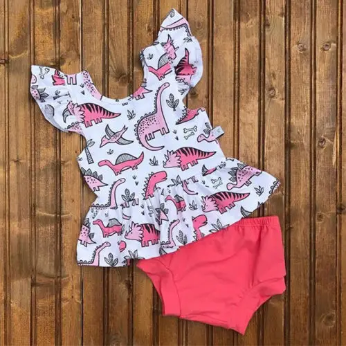 2018 г. новые летние детские повседневные розовые топы с рюшами и динозавром для