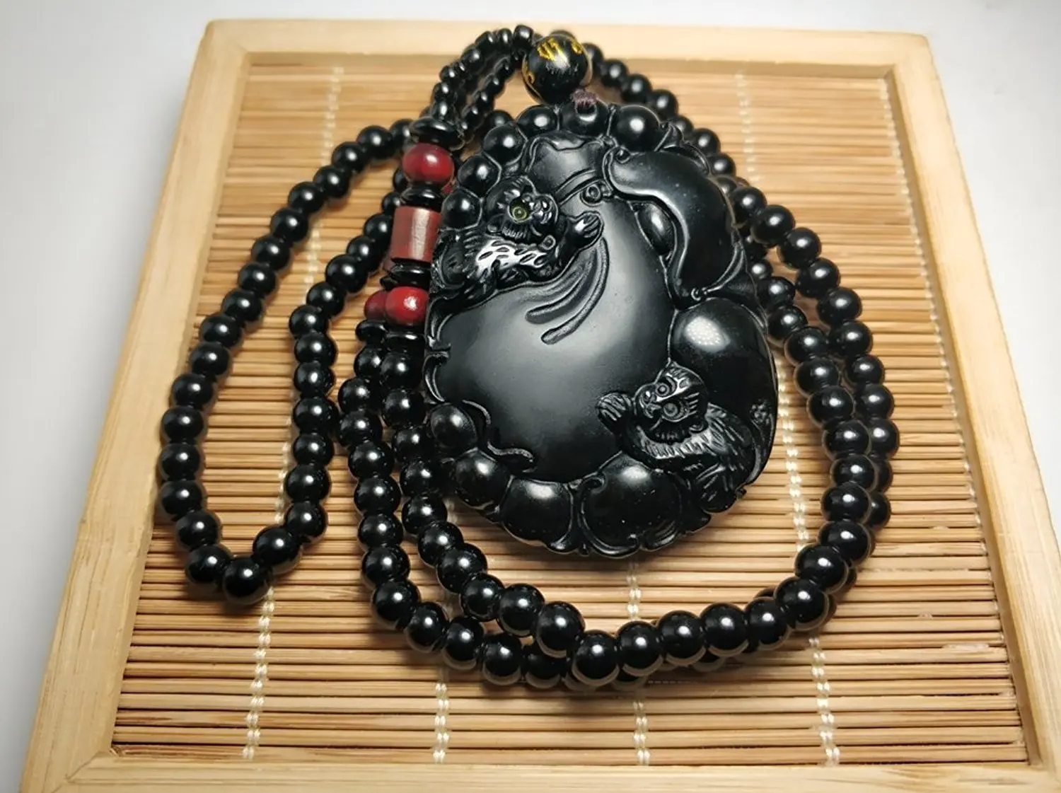 LETSFUN Fine Jewelry Clin-kk Hand Carved Natural Obsidian Frosted Monkey Money Bag Peach Pendant Necklace Free Shipping | Украшения и