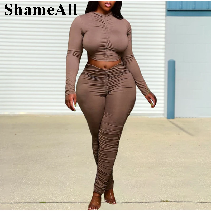 

Plus Size Sexy Ruched Crop Top 2 Two Pieces Sets 4XL Long Sleeve Stretchy Skinny Legging Stacked Pant Workout Co Ord Club Outfis