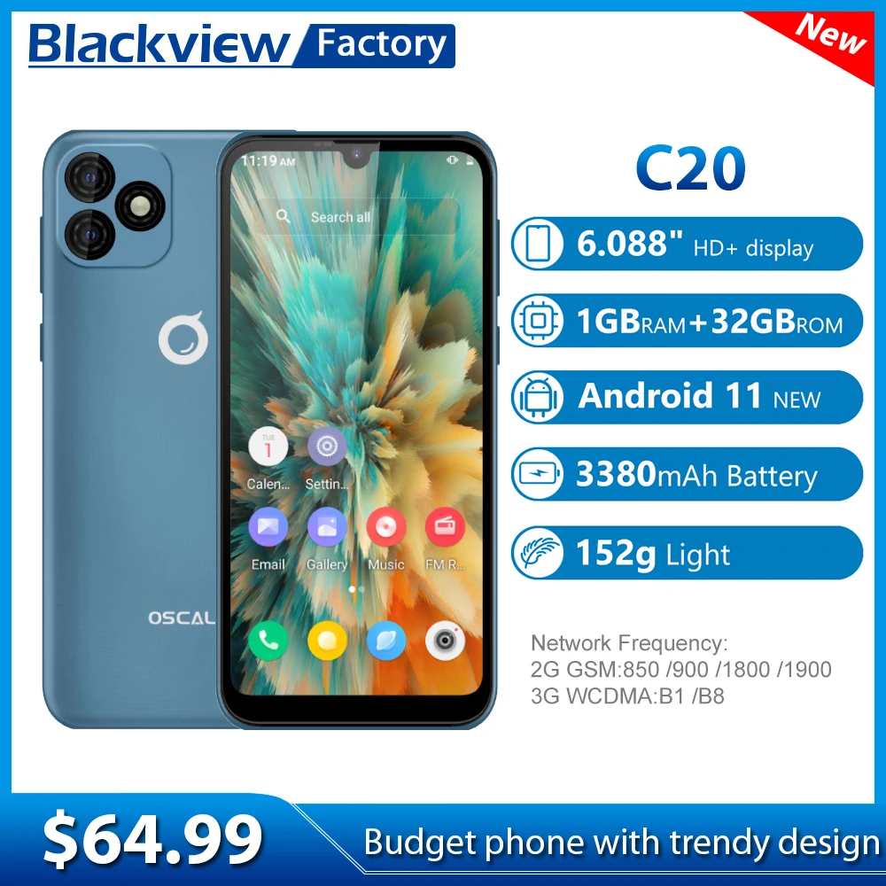 Смартфон Blackview OSCAL C20 1 ГБ + 32 Android 11 мобильный телефон 6 088 дюйма дисплей 3380 мАч SC7731E