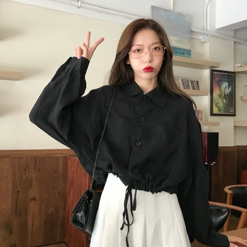 

YOSIBCD Women 2021 Fashion With Drawstrings Loose Cropped Cozy Blouses Vintage Long Sleeve Button-up Female Shirts Chic Tops