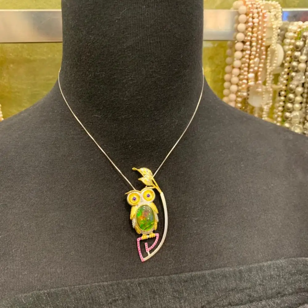 Брошь и кулон в виде аммолита совы из натурального камня унисекс ювелирное