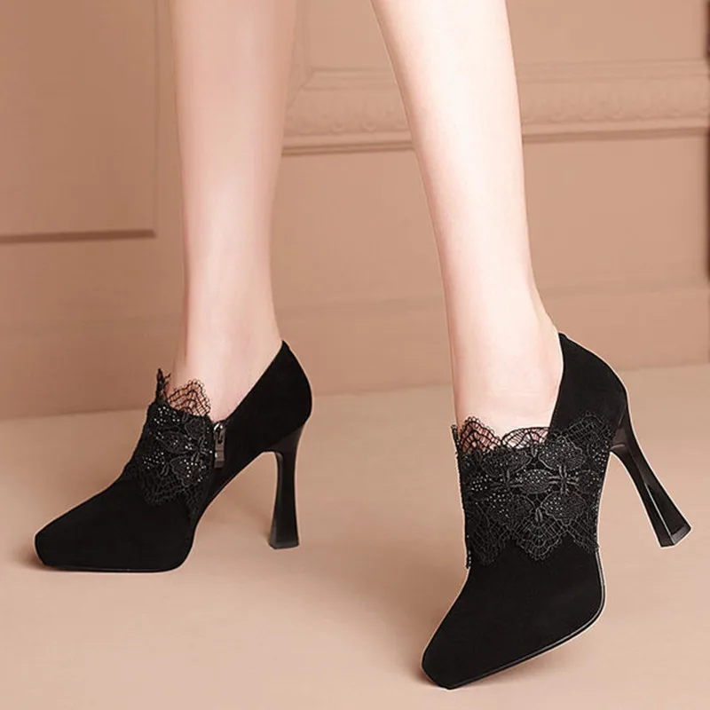 

High Heels Sexy Lace Women Shoes 2022 New Spring Autumn Suede Fashion Pumps Shoes Classic Party Dress Wedding Femme Chaussures