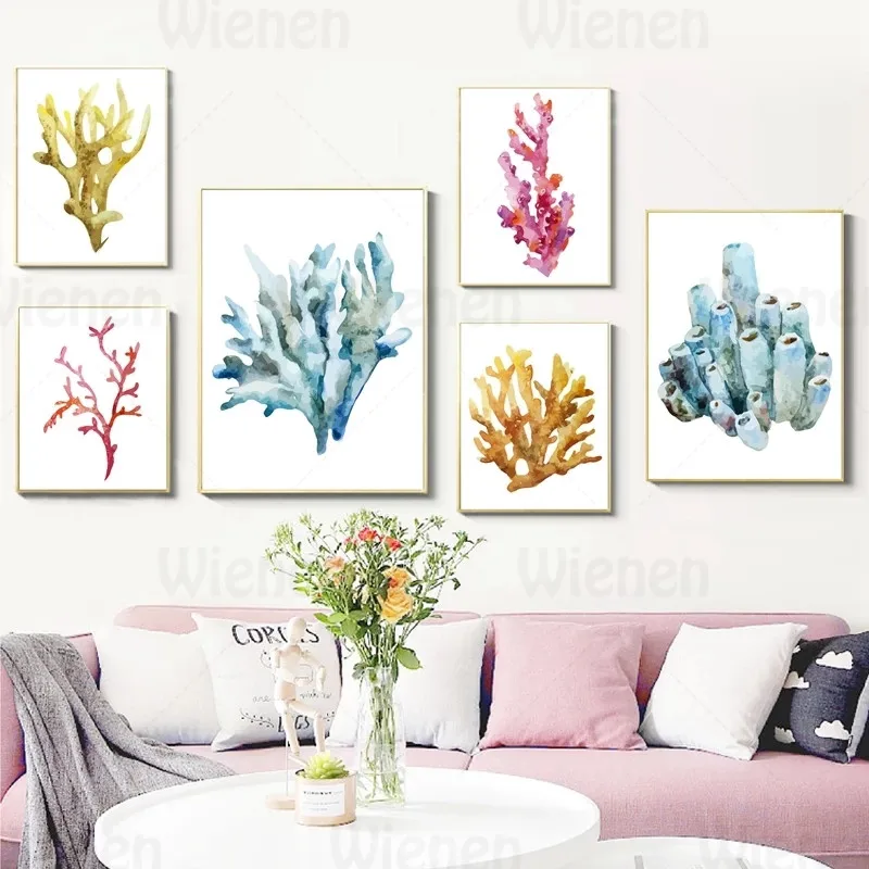 

Watercolor Coral Painting Decor Poster Canvas Print Wall Picture Home Decor Wall Art Hanging Painting Bathroom Living Room Decor