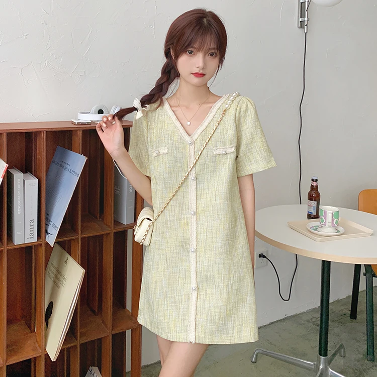 

A-line Dress Women Korean Chic Summer French Gentle V-neck Single-breasted Slim Short Sleeve 2021 Vestidos Lady Robe