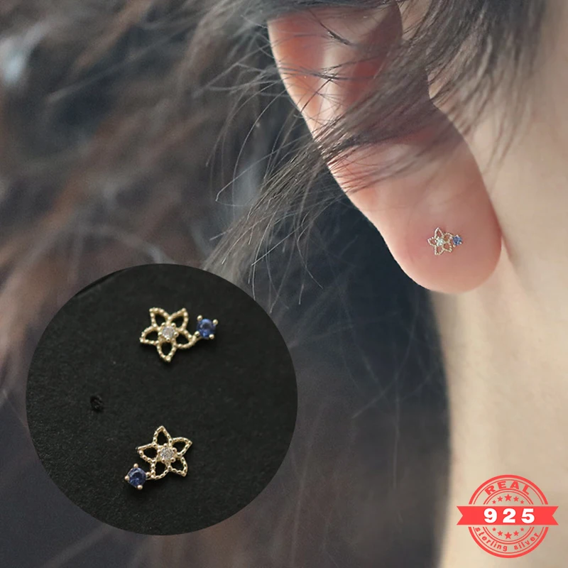 

925 Sterling Silver Fashion Blue Zircon Flower Stud Earrings Women's Engagement Earrings Accessories Girls Festive Jewelry RD007