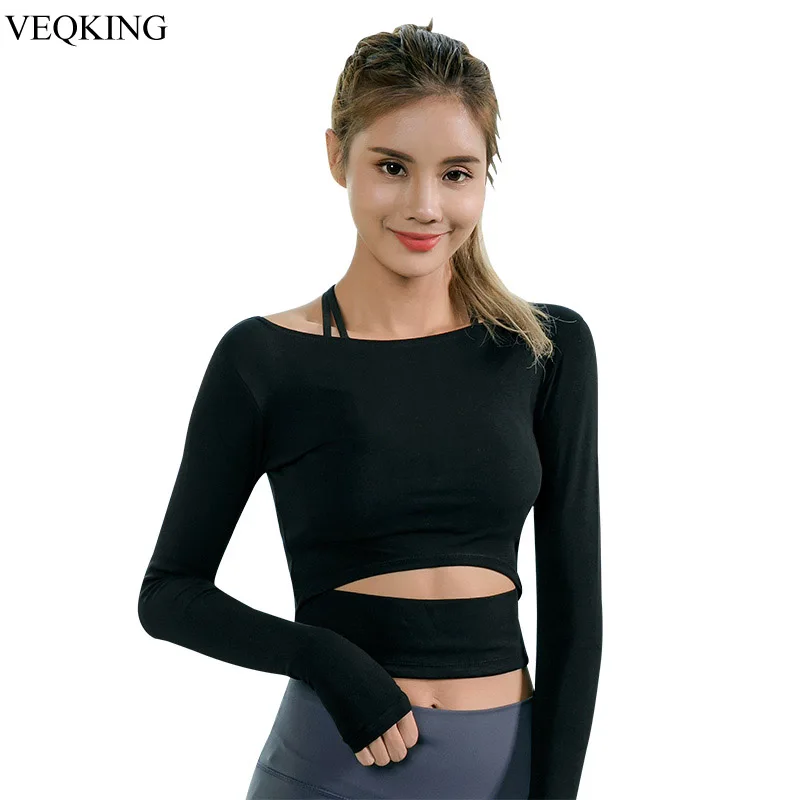 Женская футболка VEQKING с длинным рукавом для йоги коротким пупком дышащая занятий