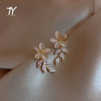classic opal flower zircon gold colour dangle earrings for woman korean fashion jewelry party girls luxury elegant earrings