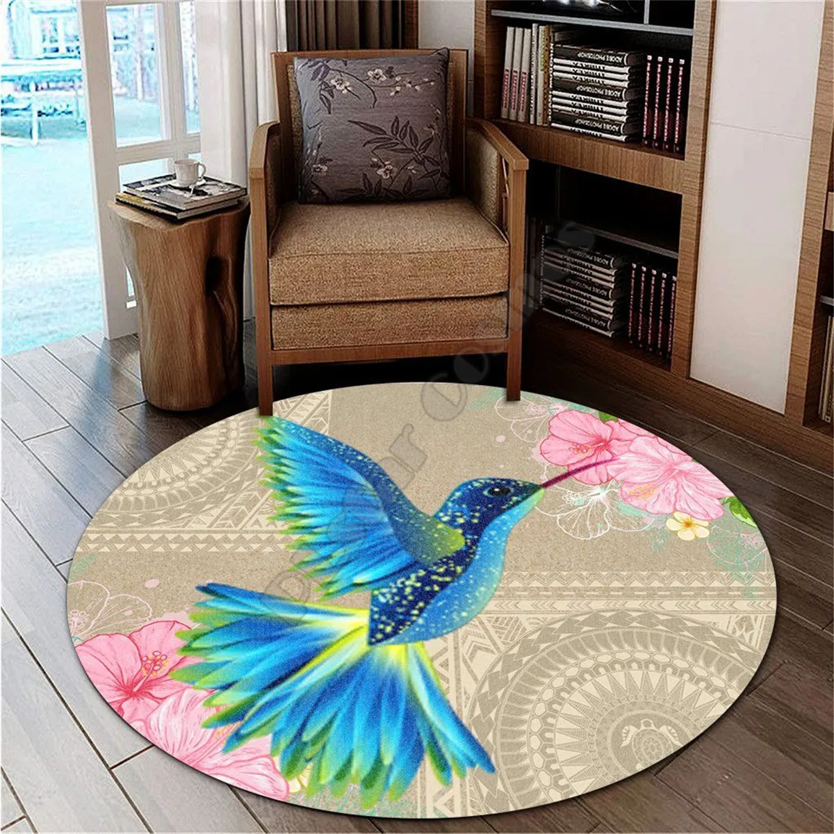 

Humming Bird Hibiscus Polynesian Round Carpet 3D printed Rug Non-slip Mat Dining Living Room Soft Bedroom Carpet