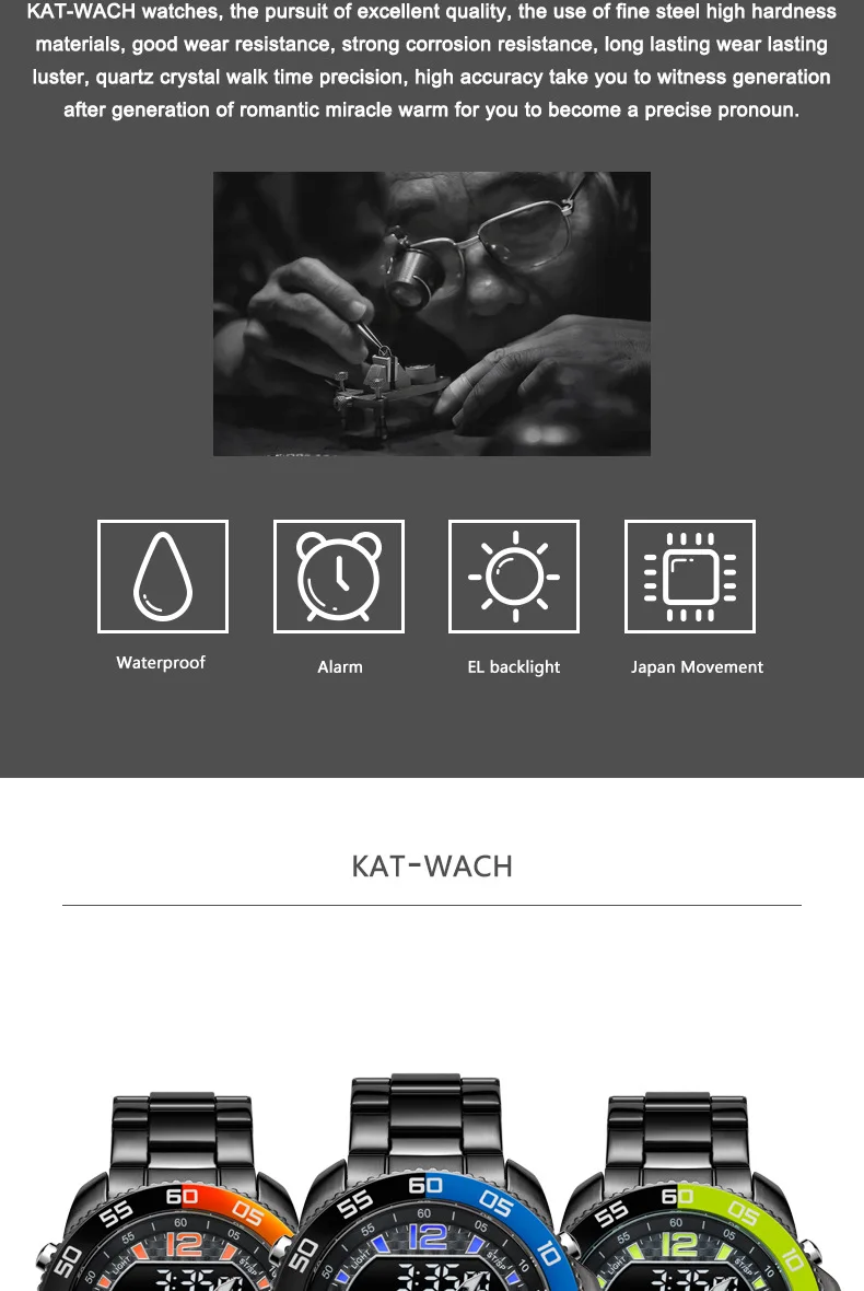 Relogio Masculino KAT-WACH модные многофункциональные светодиодный мужские черные золотые стальные водонепроницаемые наручные часы спортивные цифровые наручные часы