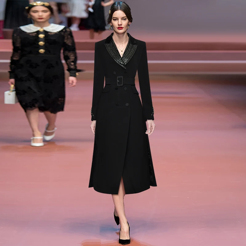 

Rivet Lapel long sleeve double breasted lace up waist middle and long split coat windbreaker coat new fall / winter 2020