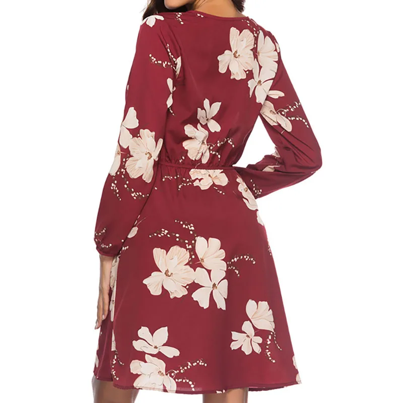 Женское шифоновое платье с длинным рукавом цветочным принтом и глубоким