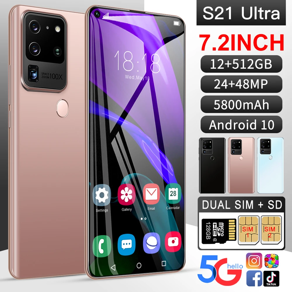 

Smartphone Galay S21 Ultra Android 10 512GB Smart Phones Unlocked 5G 7.2 HD Inch Mobile Phoens 5800mAh Global Version Cell Phone