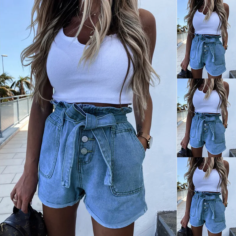 

Women Summer Bandage Denim Shorts Ladies Elastic High Waist Straight Button Jeans Shorts Women Denim Shorts
