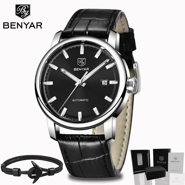 Silver Black BoxGift Новинка, BENYAR, Мужские автоматические механические часы, мужские часы, Топ бренд, Роскошные мужские часы, военные наручные часы, Relogio Masculino - Цвет: Silver Black BoxGift