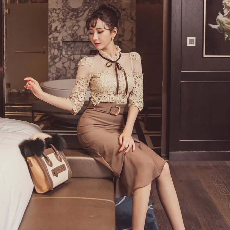 Большие размеры кружевная блузка и юбка с запахом облегающие Женские топы блузки