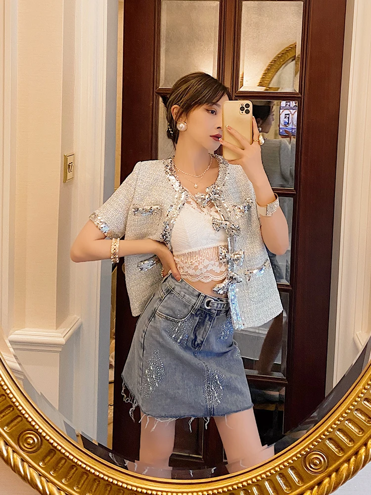 

Fashion Mini Skirt Women 2021 High-end Rhinestone Raw Hem High Waist Denim Skirt Slimming Short Temperamental A- Line Skirt