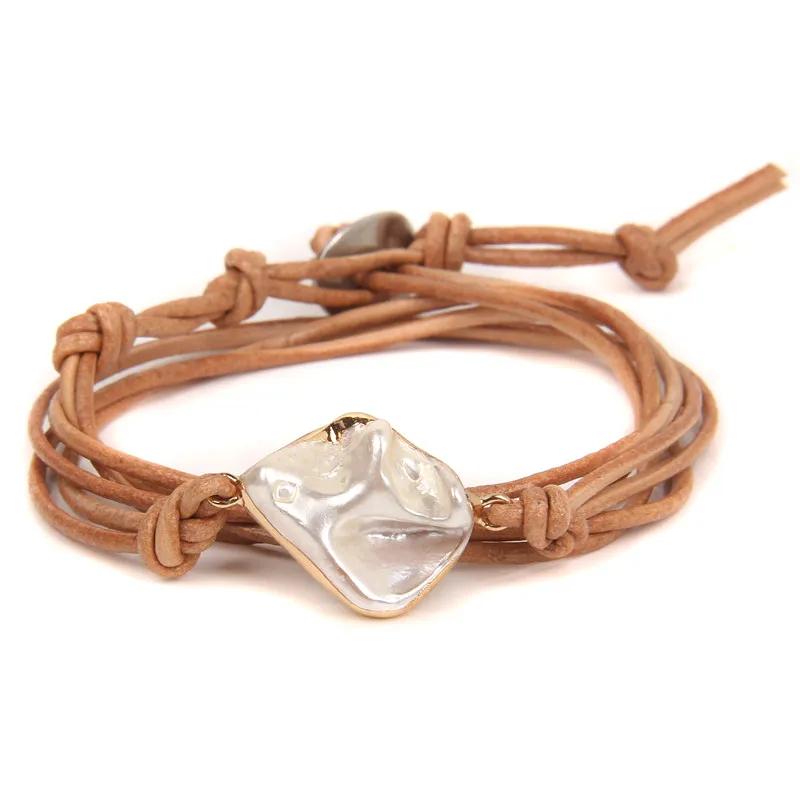 

Pearls Bracelets Women Brown Leather Bracelet Friend Jewelry Irregular Shape Shell Beads Charm Bangle Men Fashion Bracelet Femme