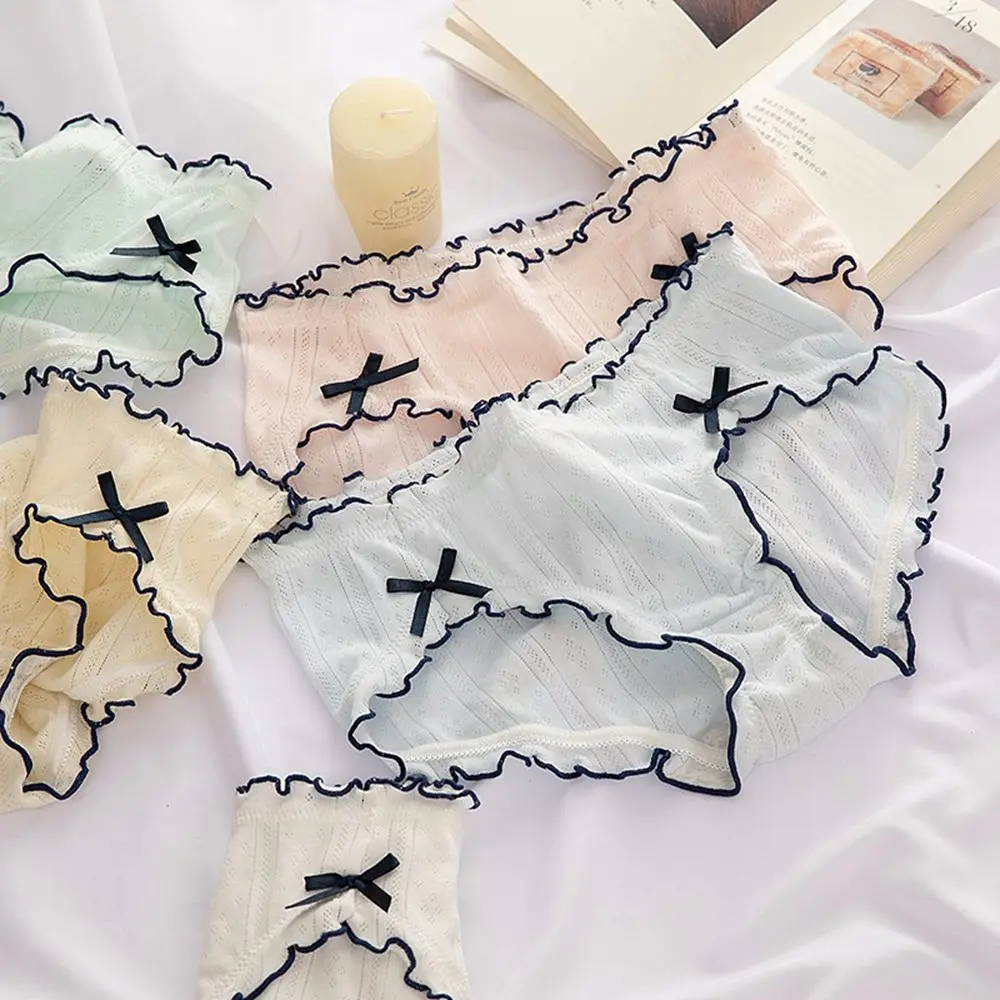

Color Underwear Low-waist Hollow Intimates Bow Panties Female Ruffles Briefs