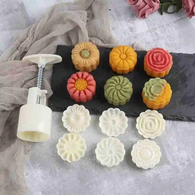 

6PCS Mid-Autumn Festival Moon Cake Mold Home Made Round Flower Mooncake Moulds Baking Fondant Tools