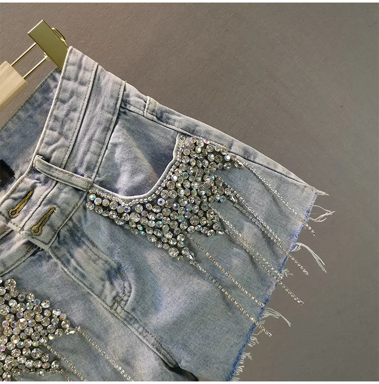 

ZCSMLL 2021 spring New High Waist Rhinestone Fringed Denim Shorts Women Wide Leg Hot Sale Women Fashion Shorts Tide