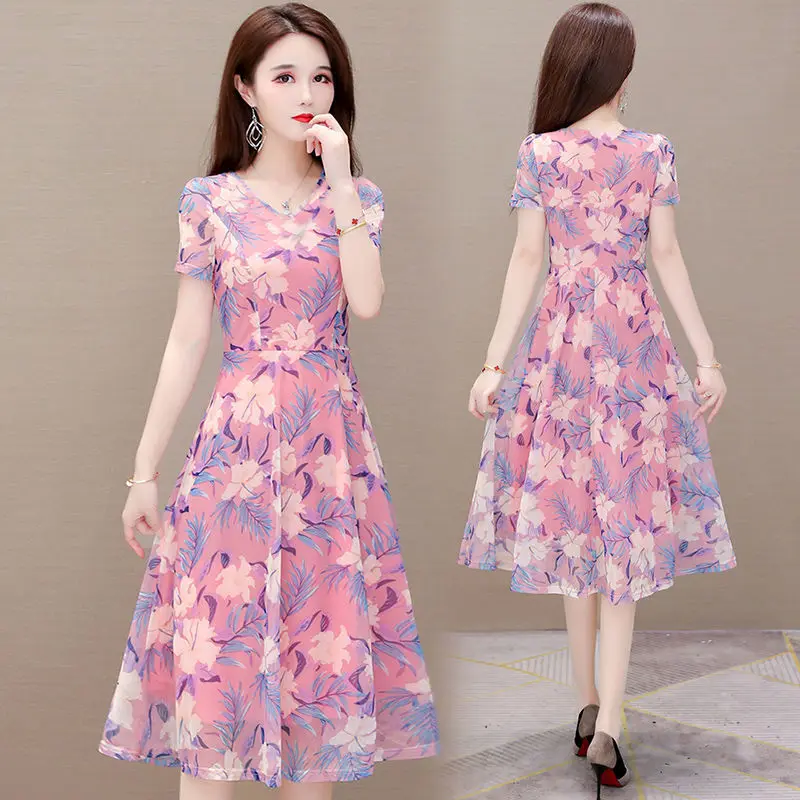 

Chiffon Short-sleeved Womens Dress Summer Elegant Temperament Mid-length High-waist Slimming Belly-covering Printed A-line Skirt