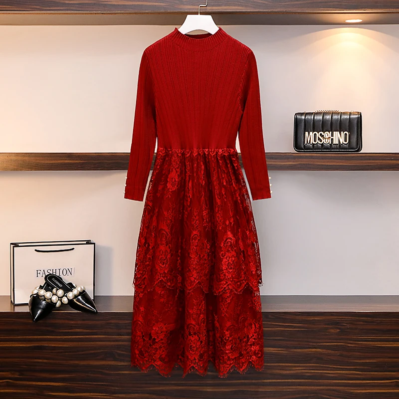 Осенне зимнее новое платье для женщин с длинным рукавом длинное кружевное свитер
