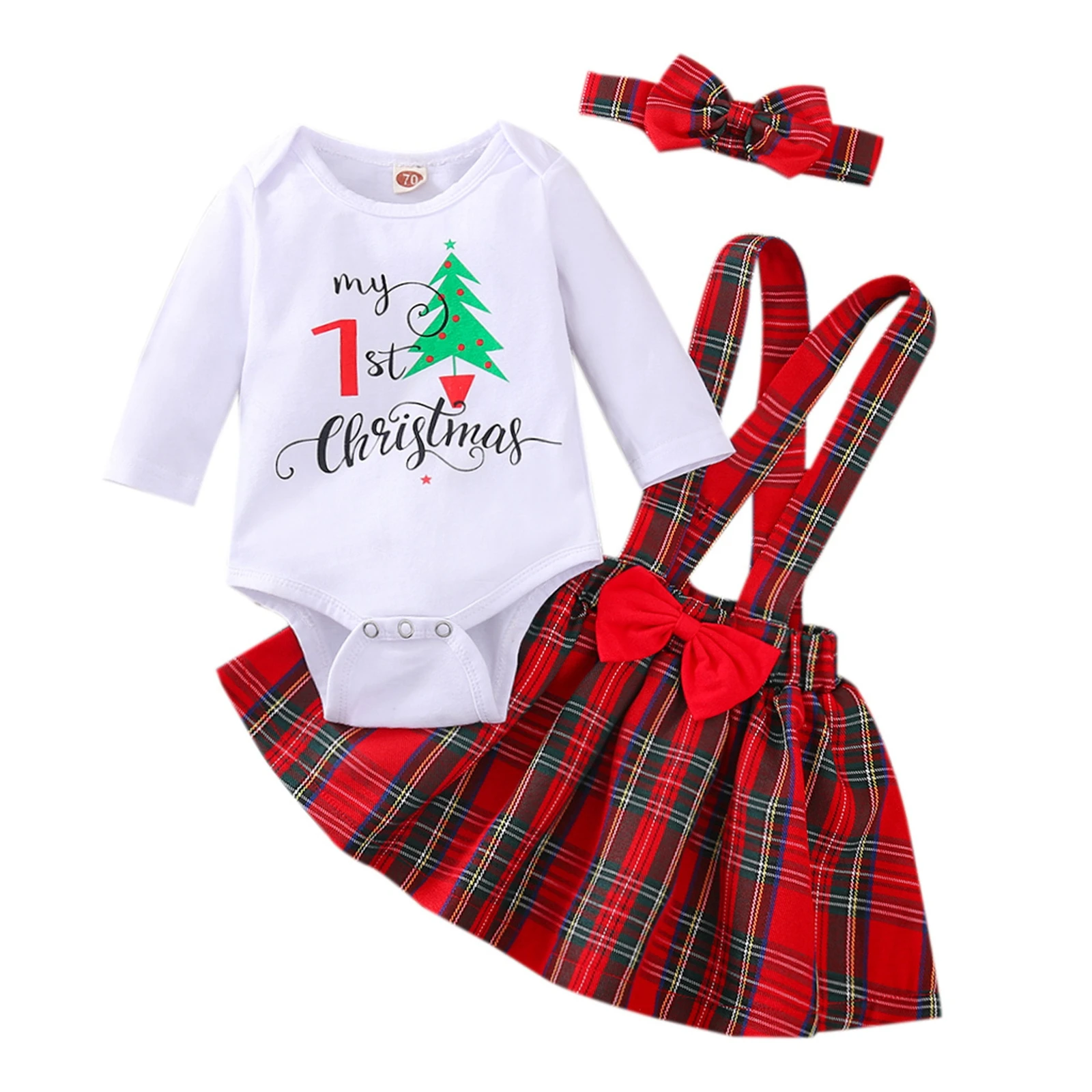 

3Pcs Girls Outfits Skirt Suit Long Sleeve Bodysuit Tops+ Plaid A-line Pleated Suspender Skirts Fall Clothes Christmas Clothing