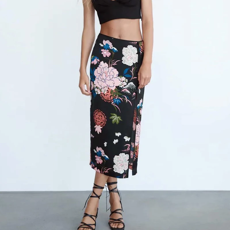 

Женское прямое атласное платье ZA, Элегантное повседневное винтажное платье до середины икры с цветочным принтом, с разрезом и вилкой, одежд...