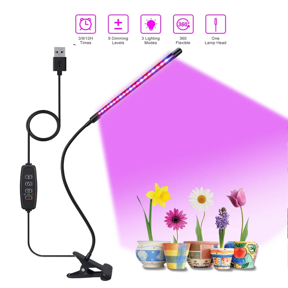 

Clip-on Plant Grow Light Phyto Growth Lamp USB Full Spectrum LED Growing 9 Dimmable Levels 3 Timing Modes Garden Growing Lights