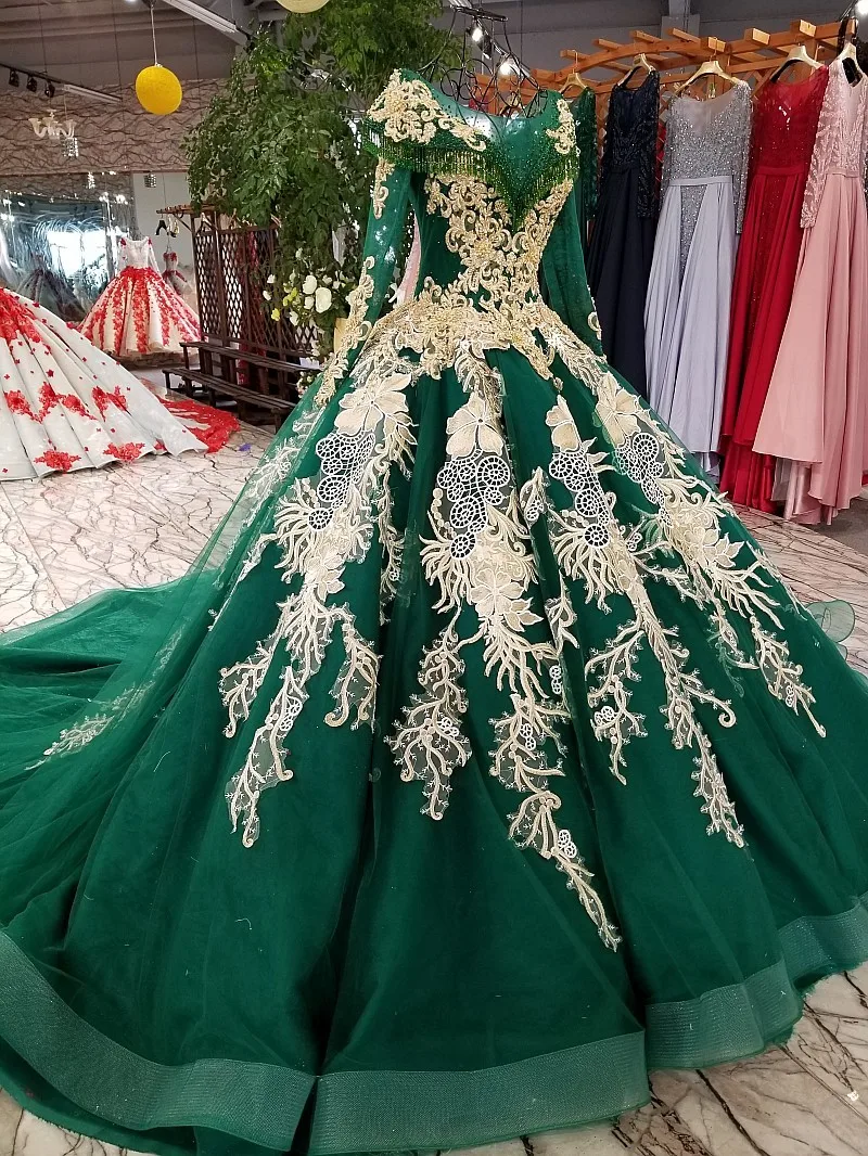 BGW 21817ht Green Evening Dress Party O-neck Lace Up Back Long Sleeve Gown 2020 Color Flowers Ball Vestido De Festa | Свадьбы и