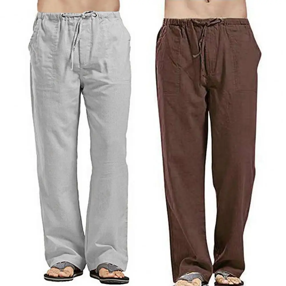 

Loose Straight Pants Men's Fashion Solid Color Drawstring Pocket Casual Pants Men Streetwear Loose Japanese Linen Trousers Mens