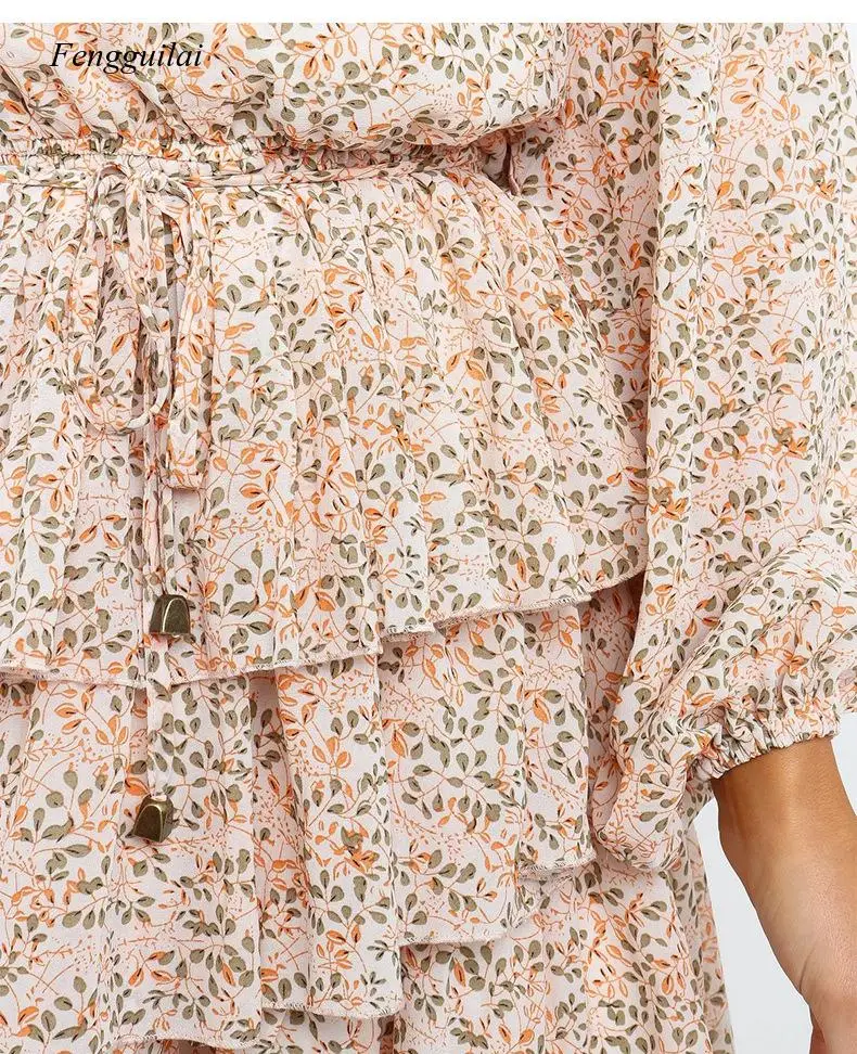 

Women Floral Print Elegant Lantern Sleeve Casual Ruffles Office Lady Party Vestidos Dress