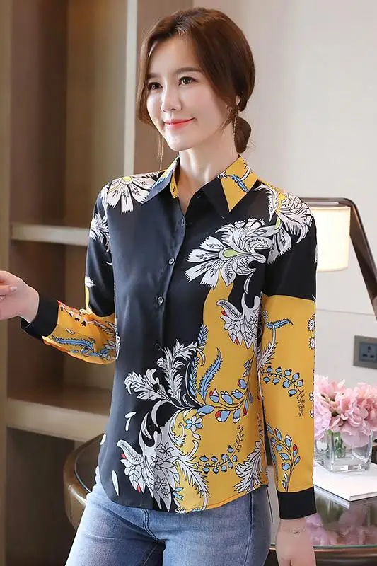 

Houthion Silk Women's Blouses New SlimFashion Long Sleeve Top Commuter Blouse Flower Buttons Shirt Spring/autumn