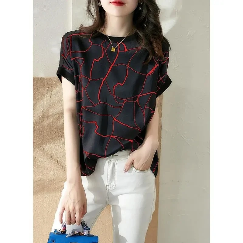 Женская Тонкая шелковая футболка черно-белая с коротким рукавом в Корейском