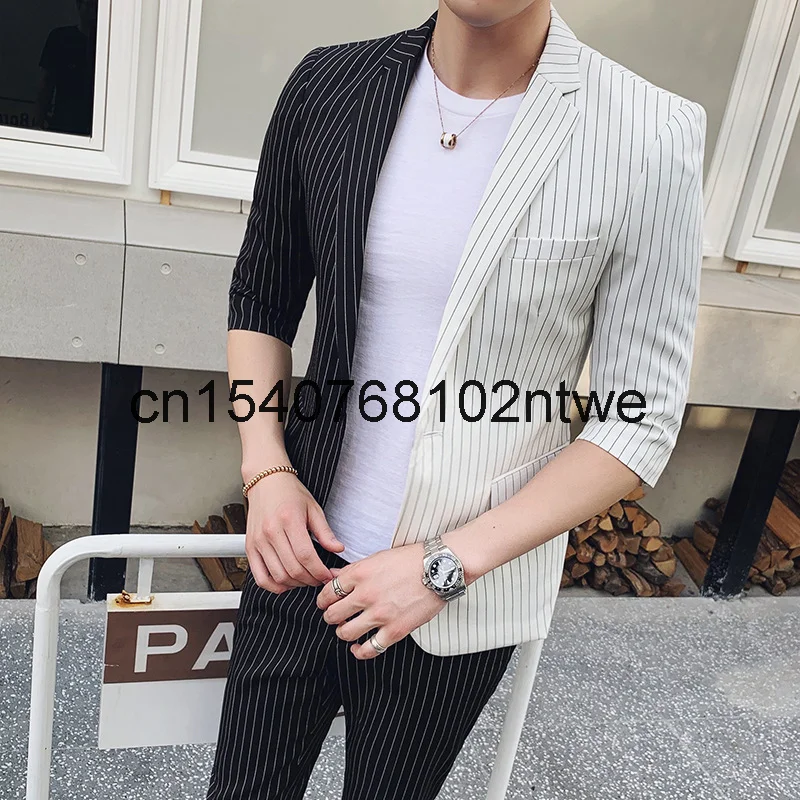 

Photo men's suit color matching design stripe 7 / 3 sleeve suit 9 / 4 Pants two piece set batch