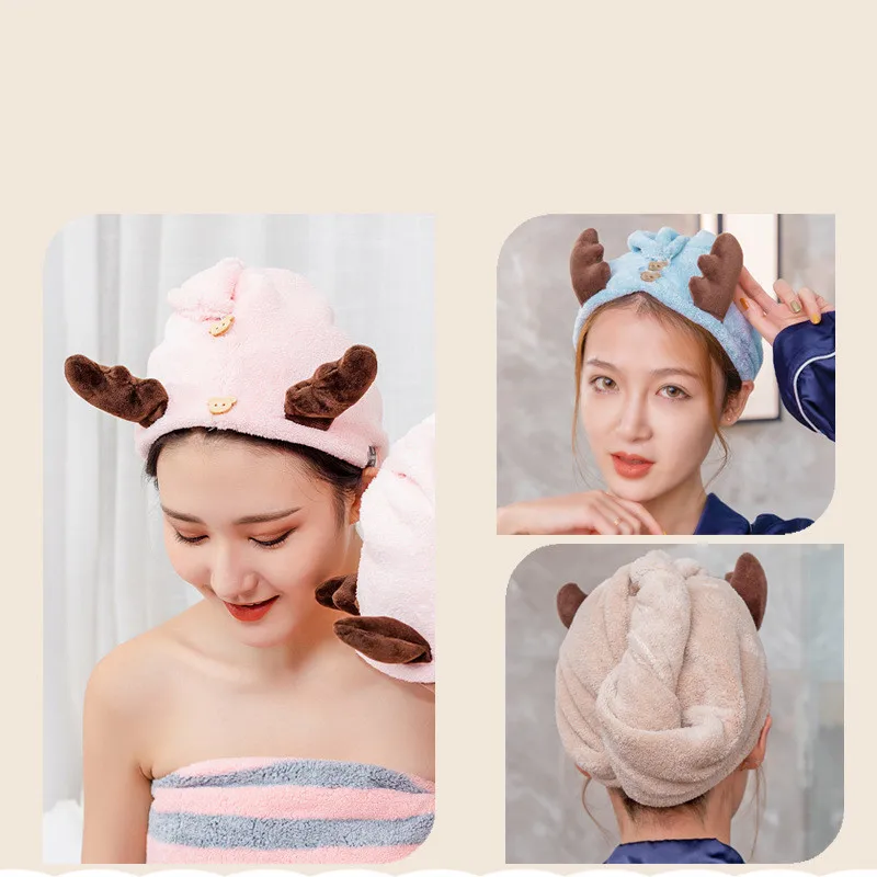 

Dry Hair Towel Cute Antlers Women And Child Hair Drying Hat Microfiber Solid Towel Super Absorption Turban Towels