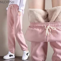 2021 winter women fleece pants solid color thick plush warm trousers female casual drawstring workout leggings loose sweatpants